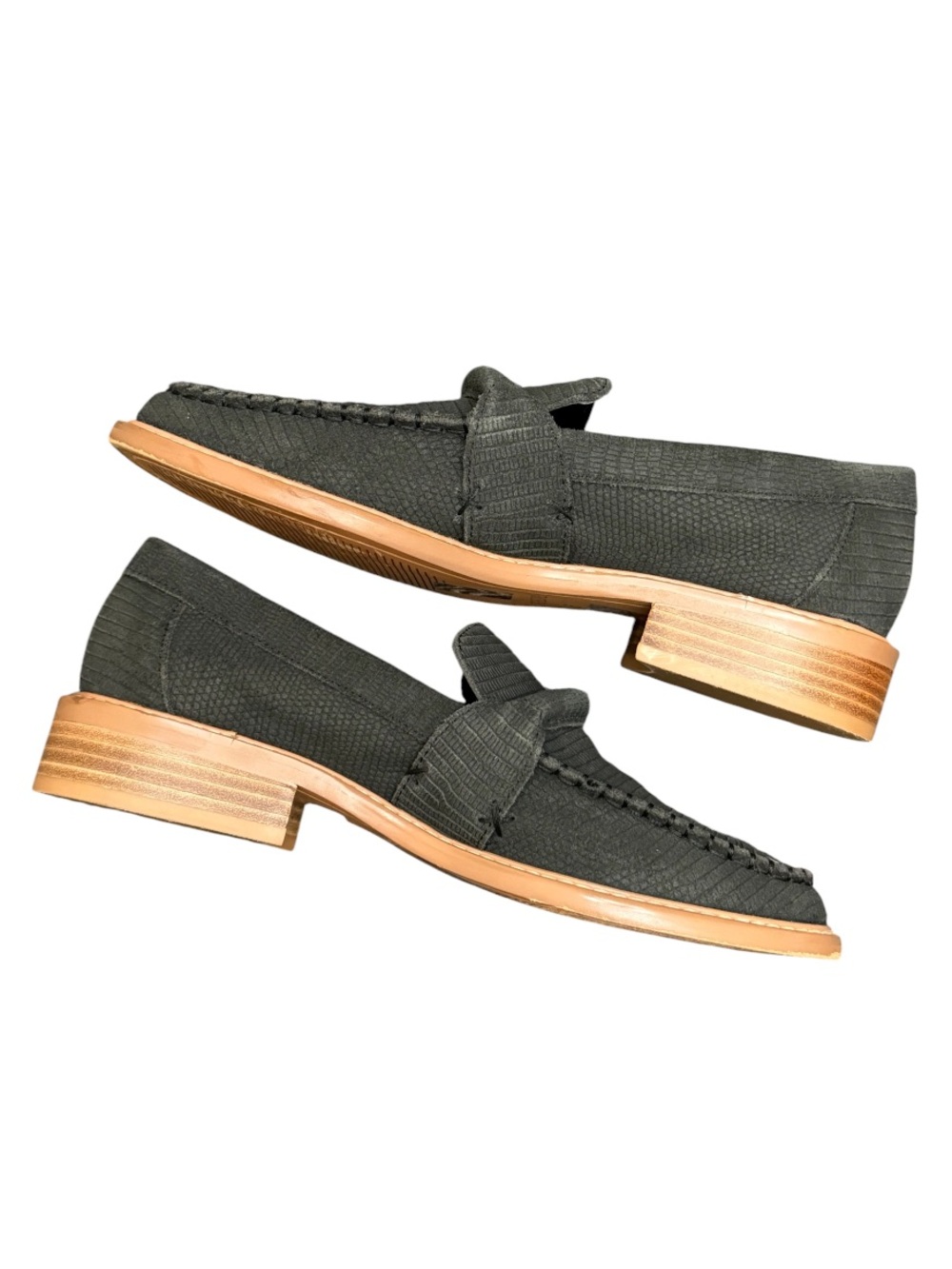 FREE PEOPLE - DARK GREY SUEDE EXTERIOR WITH BROWN WOODEN HEELS “BEDFORD” LOAFERS - Picture 5 of 9
